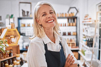 Buy stock photo Honey shop portrait of senior woman, small business owner or retail store manager with pride in sales marketplace growth. Commerce, product and seller happy with startup vision, mission or success