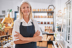 Senior woman, shop and portrait for small business entrepreneur in organic honey store with smile. Elderly, business owner and natural food, product and shopkeeper with happiness, success and vision