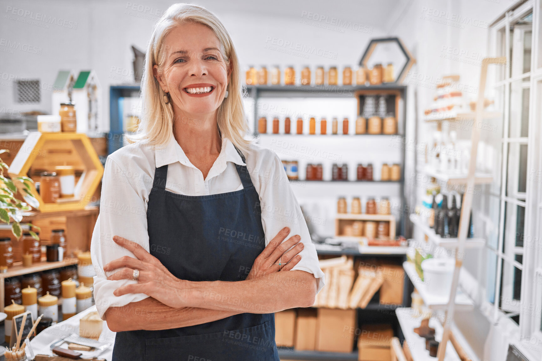 Buy stock photo Senior woman, shop and portrait for small business entrepreneur in organic honey store with smile. Elderly, business owner and natural food, product and shopkeeper with happiness, success and vision
