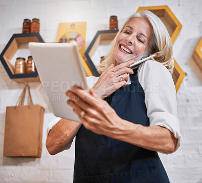 Buy stock photo Small business, woman and tablet, phone call and management in retail honey shop, online store and eco supermarket. Happy business owner, communication and digital planning for customer grocery order