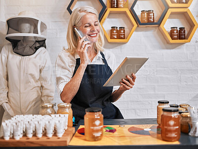 Buy stock photo Small business woman, tablet and phone call in honey store for consulting, marketing or advertising in retail. Happy elderly female business owner working in a organic shop on phone with touchscreen