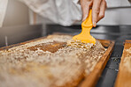 Beekeeper, hand and honey process, production and manufacturing in a factory, workshop and workplace. Frame, scraping and honeycomb with equipment for beeswax on a sustainability farm or warehouse