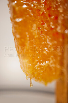 Buy stock photo Honeycomb, honey and natural product, zoom and nature texture with syrup drip and production process. Healthy, organic and raw with liquid gold from bee farming, sustainable and beekeeping closeup.