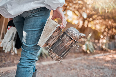 Buy stock photo Beekeeper, farm and bee bellows while outdoor in nature with ppe, gloves or safety in apiculture. Beekeeping farmer, agriculture or insect farming for honey production in sustainable countryside