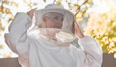 Buy stock photo Agriculture, work and beekeeper farm safety suit for  protection, production and harvesting. Nature, worker and beehive woman expert getting ready for inspection, extraction or check.

