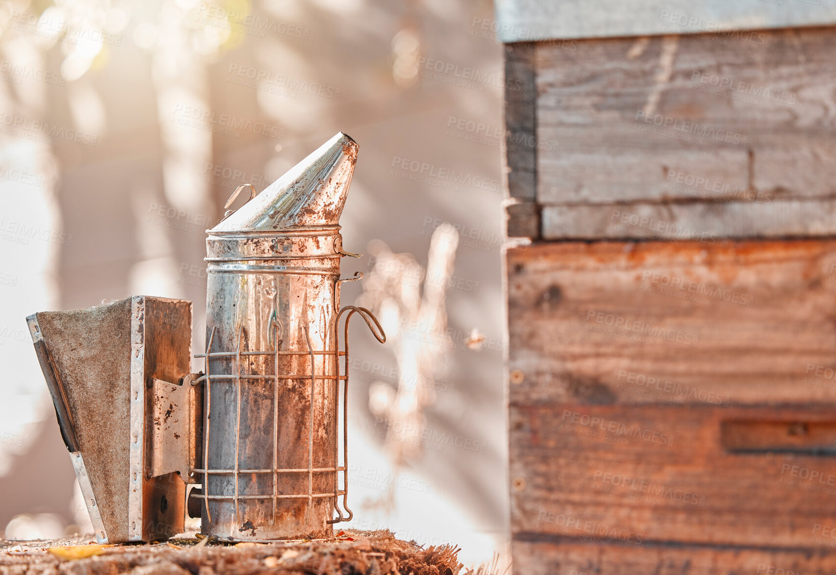 Buy stock photo Farm, nature and metal smoker for beekeeping work, protection and harvesting cylinder container. Farming, safety and professional beekeeper tool at wood hive box for harvest and agriculture.

