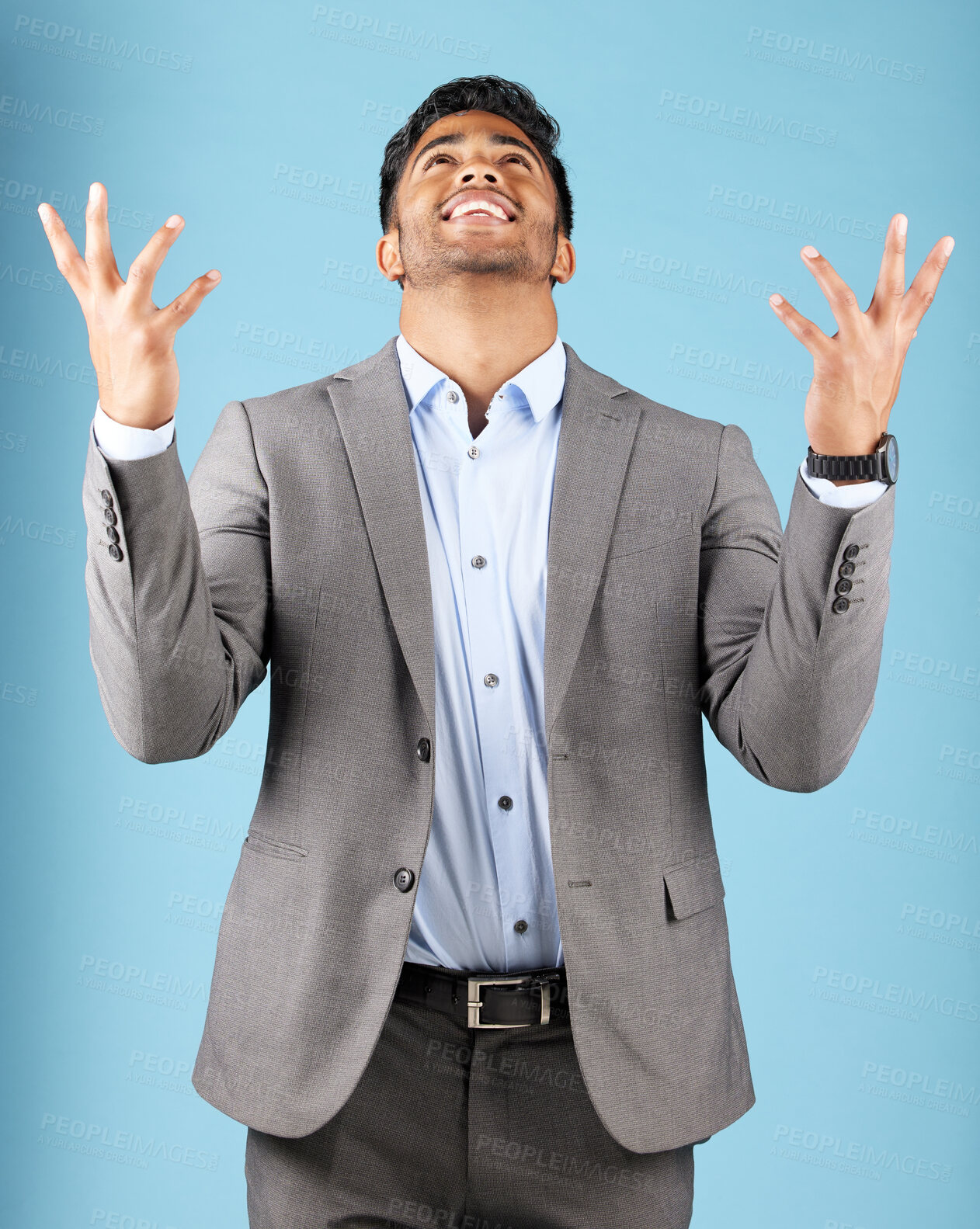 Buy stock photo Business man, success and celebration hands of a finance manager happy about stock growth. Motivation, happiness and winner hand sign of a corporate accounting leader excited about job achievement