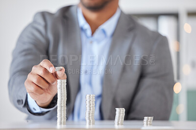 Buy stock photo Savings, investment and finance of businessman with money counting wealth, tax or income in office. Money, economy and financial growth of corporate man at desk building coin stack in workplace.

