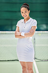 Tennis court, woman and portrait, arms crossed and happy workout, exercise club and outdoor sports training. Smile, young and professional tennis player athlete ready for competition, games and match