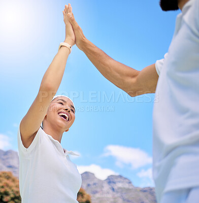 Buy stock photo Couple, high five and nature with love, happy in low angle for vacation, holiday or romance in sunshine. Black couple, hands support and sky to relax at mountain, resort or adventure for love goal