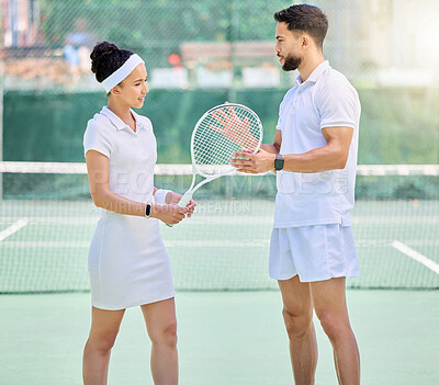 Buy stock photo Tennis court, coach or couple talking about sports game, tips and performance after exercise, training and workout. Man coaching woman outdoor for fitness, tennis and health before sport competiton