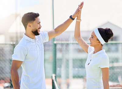 Buy stock photo Tennis, high five and motivation with a sports couple in celebration of an achievement as a winner team. Fitness, workout and success with a man and woman tennis player on a tennis court together