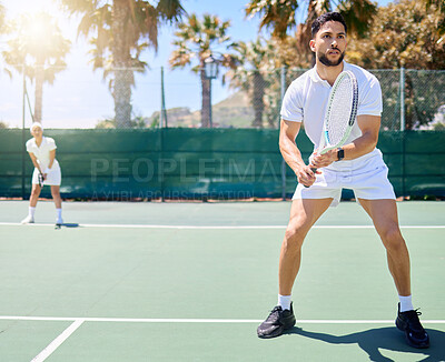 Buy stock photo Sports, tennis game and man focus on mockup competition, practice match or teamwork fitness challenge. Tennis court mock up, athlete player and partnership team work on training, workout or exercise