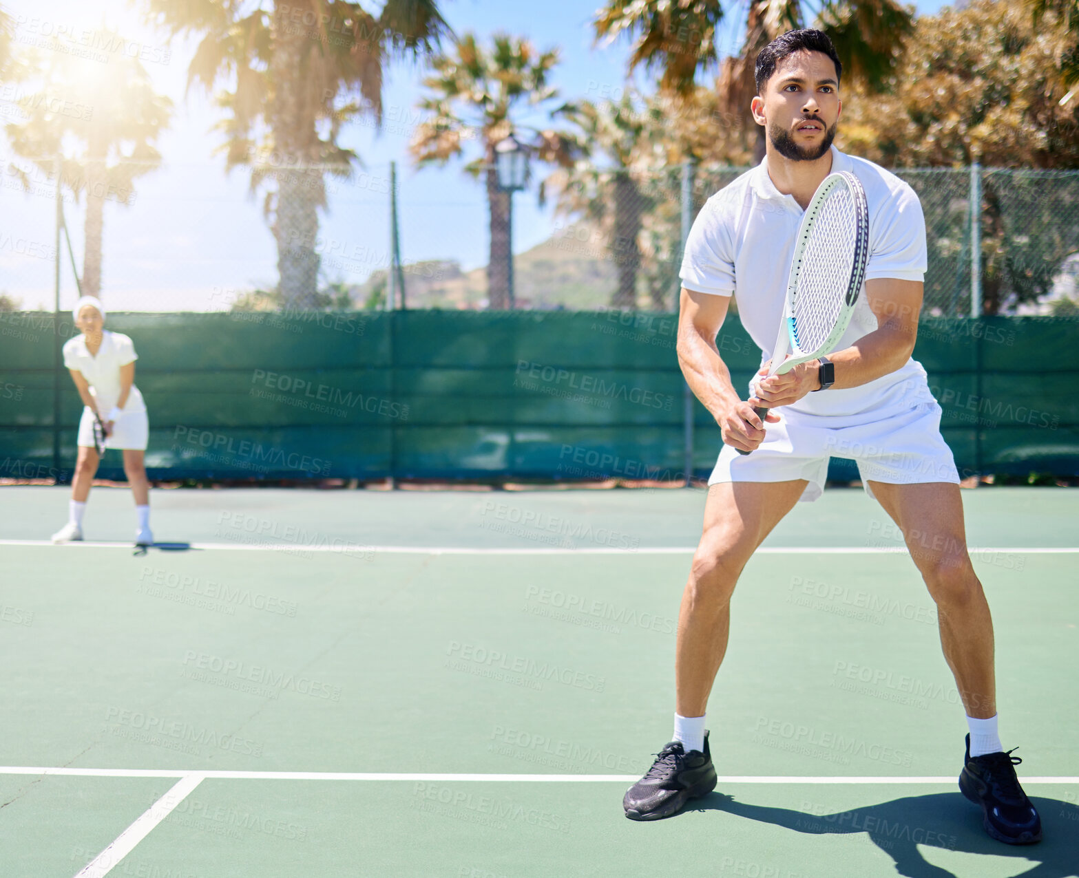 Buy stock photo Sports, tennis game and man focus on mockup competition, practice match or teamwork fitness challenge. Tennis court mock up, athlete player and partnership team work on training, workout or exercise