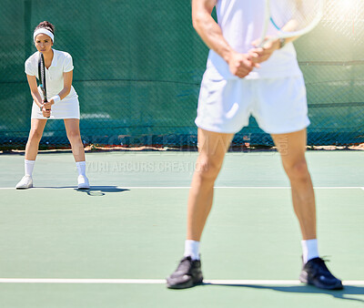 Buy stock photo Teamwork, sports and tennis with woman on court  for fitness, support and training. Collaboration, health and games with tennis player ready to start competition for goals, vision and summer workout