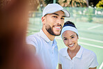 Tennis, portrait and couple take a selfie for a social media post on a social network app on a tennis court. Faces, fitness and happy woman with a smile enjoys training or workout with sportsman