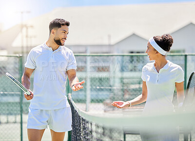 Buy stock photo Tennis, sports and fitness with a man and woman playing a game on a tennis court for competition. Workout, motivation and training with a male and female tennis player talking after a match point