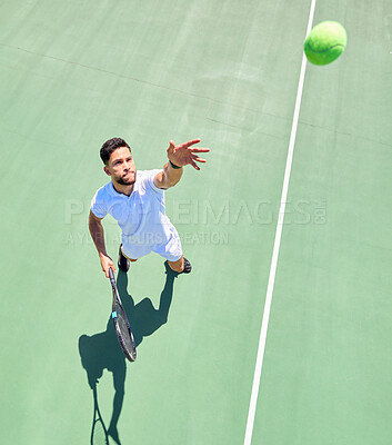 Buy stock photo Top view, tennis player and serving ball on tennis court fitness game, workout match or competition exercise. Sports athlete, man and throwing tennis ball in energy cardio training or health wellness