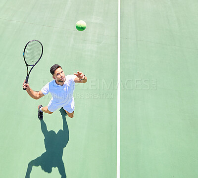 Tennis, mockup and serve with a sports man playing a game on a tennis court outoor from above. Fitness, sport and exercise with a male tennis player hitting a ball during a game or match outside