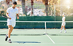Tennis, celebration and man playing a game to win on an outdoor court for practice, exercise and fitness. Sports, motivation and healthy male athlete training for a match or workout on a sport field.