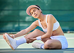 Tennis court, sport injury and foot pain with athlete woman on ground for sprain, rheumatism or neuropathy after fitness training. Sports model with arthritis, fibromyalgia or osteoporosis problem