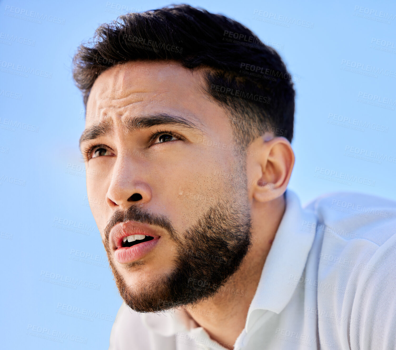 Buy stock photo Face, fitness and sports man in nature ready for workout, exercise or training. Blue sky, healthcare and serious male athlete from Canada with focus, vision or thinking about exercising outdoors.