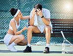 Tennis, coach and woman talking to a man with stress, headache or head injury on outdoor court.Fitness, sports and girl athlete speaking to her boyfriend for motivation, help and care on tennis court