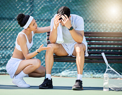 Buy stock photo Tennis, sad and woman talking to man with stress, headache or head injury on outdoor court. Fitness, sports and girl athlete speaking to upset boyfriend for motivation, help and care on tennis court.