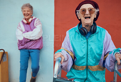 Buy stock photo Hipster, senior women and friends smile, retro look and headphones for casual day, happy and trendy. Portrait, elderly females and mature ladies with cool edgy look, hip hop and funky retro outfits.