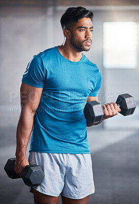 Buy stock photo Bodybuilder man, workout and weightlifting with dumbbell in gym for healthy body, fitness and muscle. Athlete, training and exercise with metal weight for health, wellness and physical development