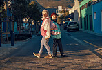 Senior woman, urban fashion and together in street for portrait, friendship or style outdoor. Elderly woman, friends and happy in city with hip hop trend, retro clothes and smile in sunshine in metro