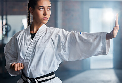 Fitness, woman and fighting pose in studio for karate, martial arts or  defence training on gradient Stock Photo by YuriArcursPeopleimages