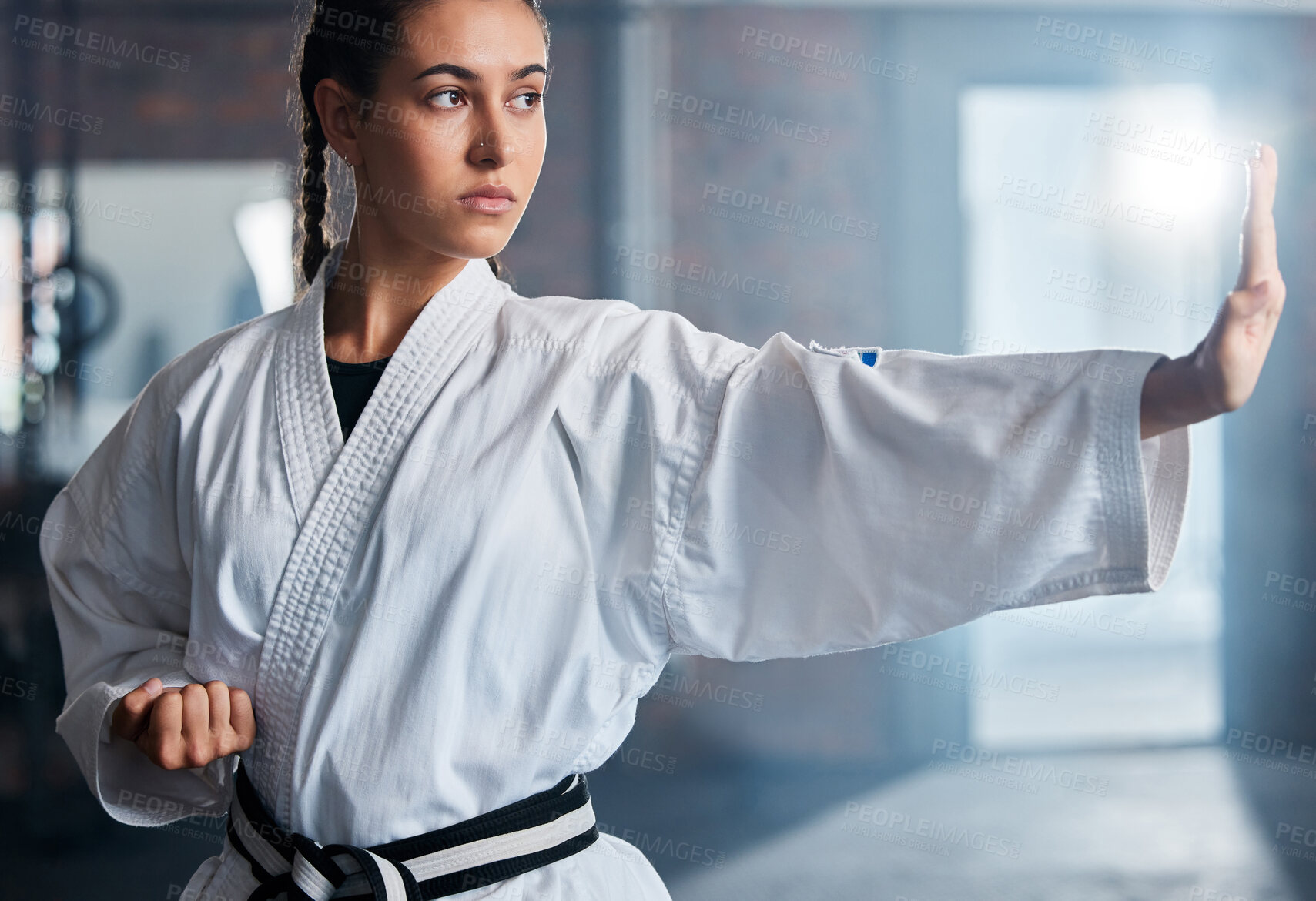 Buy stock photo Karate, fitness and sport with woman, workout and training for fight, fitness and exercise in gym. Female athlete and champion attitude for self defense, training and power exercise with motivation