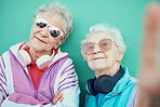 Senior women, fashion and retro selfie with sunglasses, headphones and vintage clothes with cool mindset outdoor. Portrait of aesthetic old people or friends together for pop art profile picture