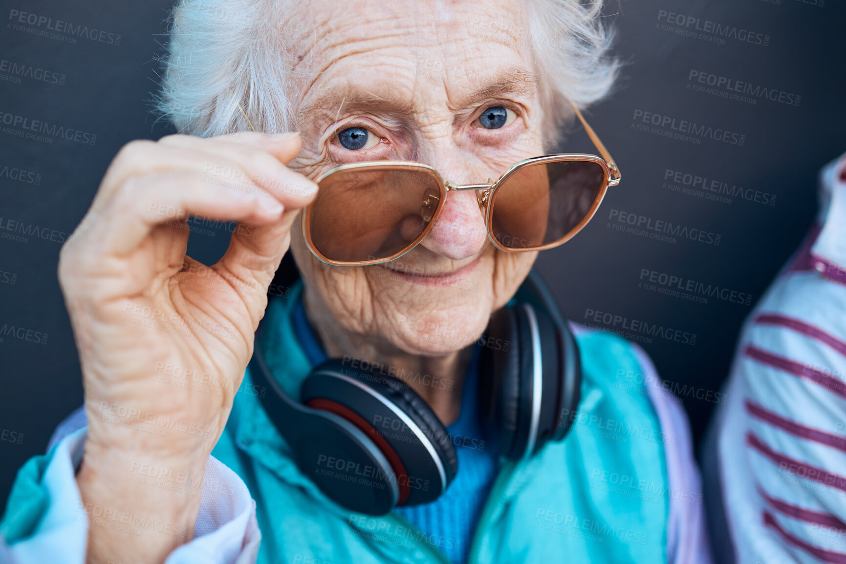 Buy stock photo Glasses, cool and fashion portrait of old woman with music headphones, luxury senior style or creative accessory. Vision, wellness and face of elderly retirement person with designer brand sunglasses
