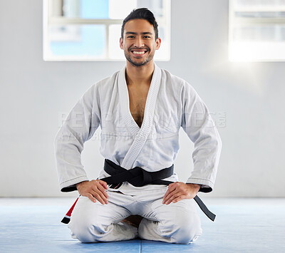 Karate, fitness and athlete, man with black belt and martial arts portrait, training and discipline with exercise. Taekwondo, combat sport and active with power and strong, sports motivation in dojo.