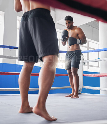 Buy stock photo Boxing, fight or men kickboxing, ring and fitness training, workout or exercise in gym with gloves for battle. Strong boxer, fighting and action with athlete and competition with champion mindset