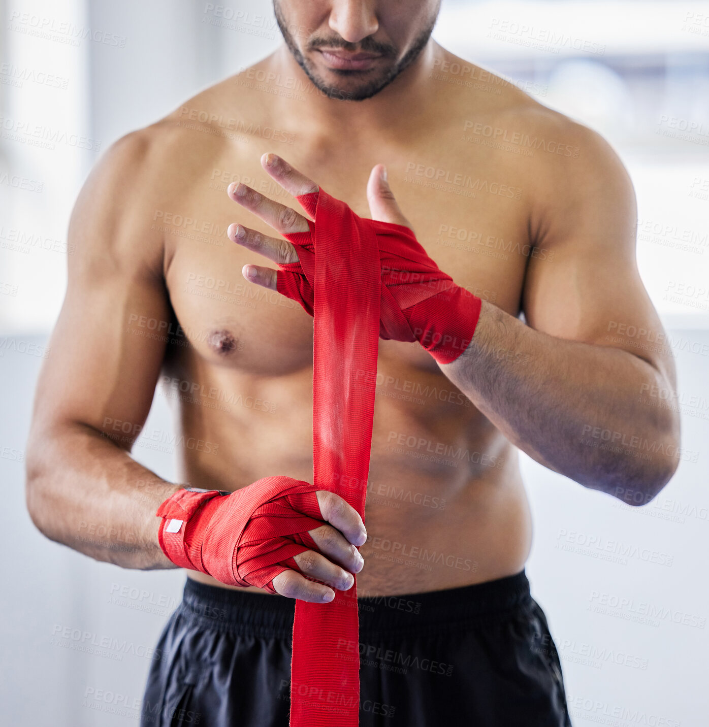 Buy stock photo Boxer, hand wrap and sports man close up ready for boxing competition, fighter match or martial arts inspiration. Training workout, mma warrior and athlete wellness motivation for fight challange