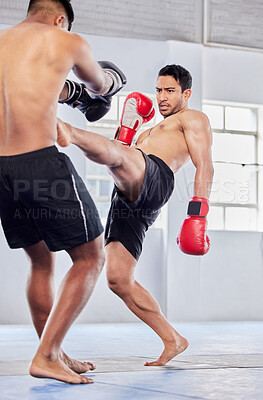 Buy stock photo MMA, combat and fight with a sports man and rival fighting in a gym or health club for self defense. Fitness, exercise and training with a male fighter and competition in a gym for combat sport