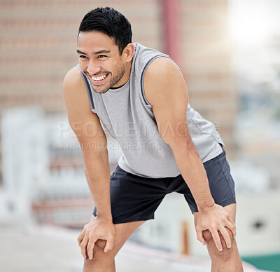 Buy stock photo Fitness break, rest and happy man, city exercise and workout and motivation for fitness, body training and healthy lifestyle outdoors. Smile, tired and urban athlete breathing after sports challenge 