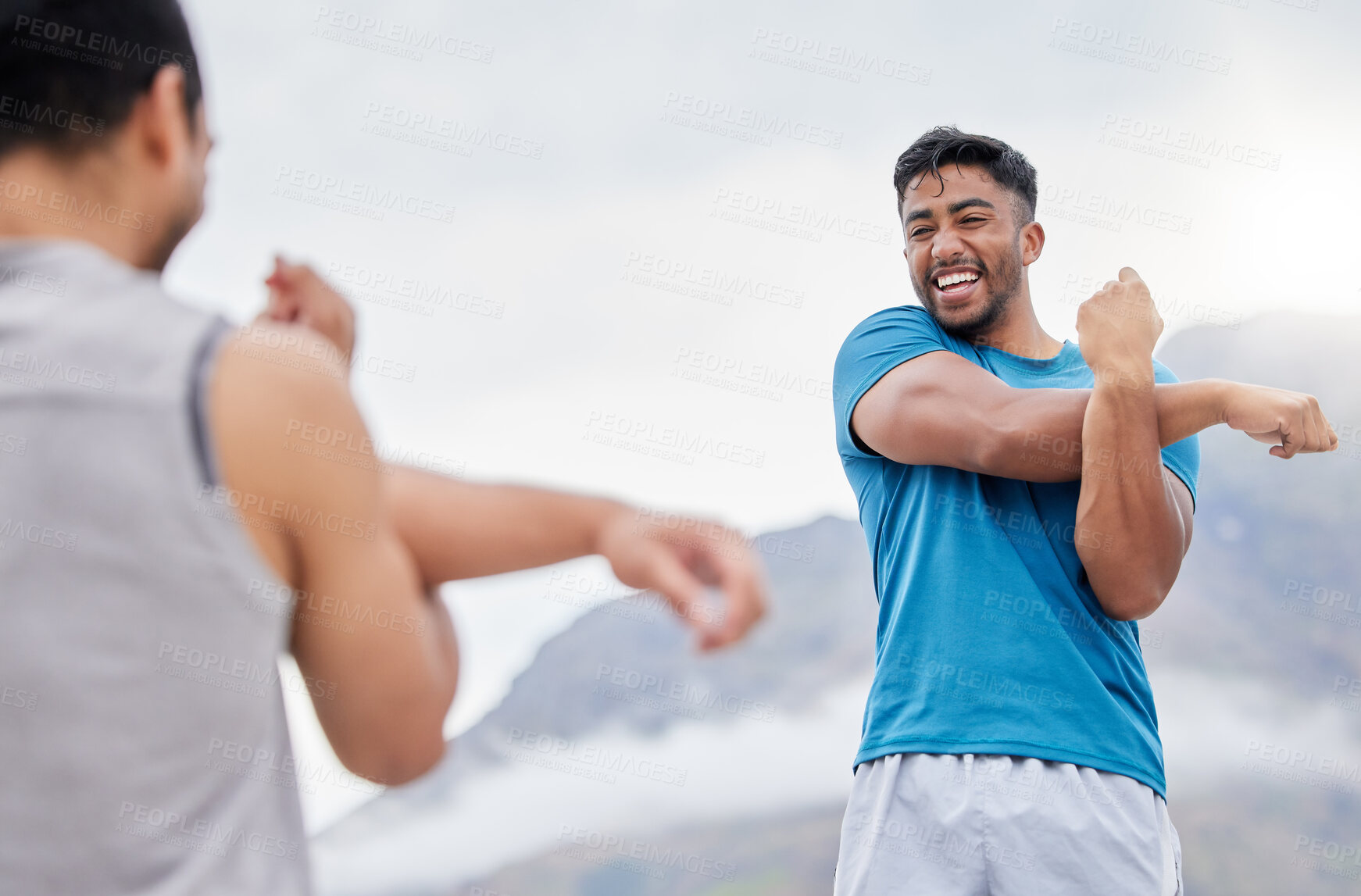 Buy stock photo Arm stretching, health and friends in nature for fitness or wellness. Training, exercise and happy men, group or people warm up arms together getting ready for running, workout or cardio outdoors.