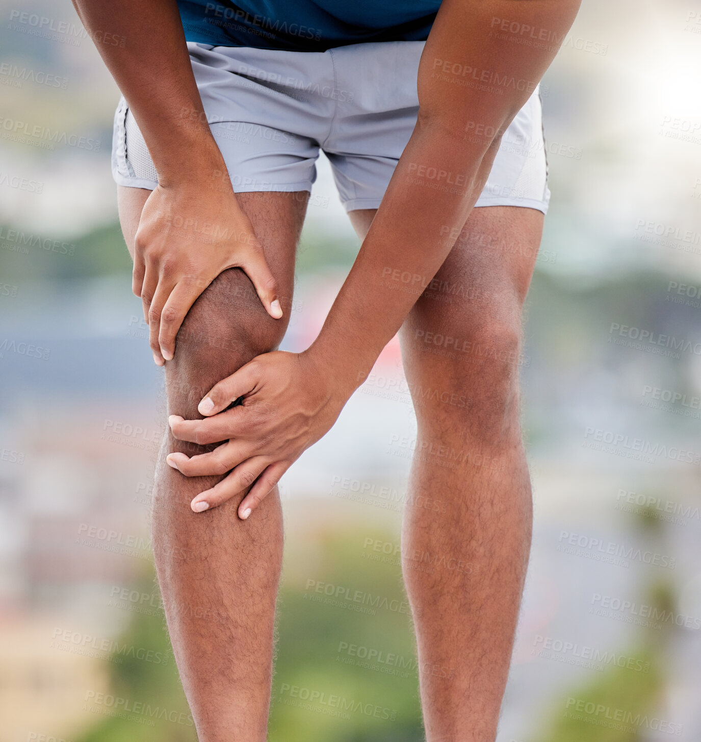 Buy stock photo Man, legs and running injury in nature park for wellness exercise, medical accident or sports emergency. Black man, athlete and runner knee pain, joint pain or orthopedic arthritis pain in outdoors