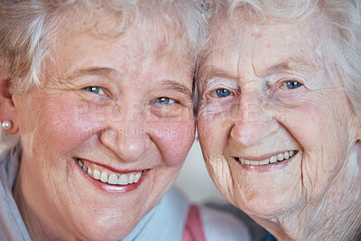 Buy stock photo Closeup portrait, senior woman friends and smile together for friendship, bonding or love on face. Elderly best friends, happy sister or women in zoom macro for happiness, relax or retirement in home