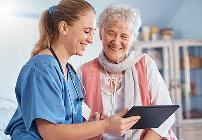 Buy stock photo Nursing home, senior patient and nurse with tablet, medical exam results or digital report of stethoscope heart test. Medical support, communication and happy old woman consulting healthcare worker