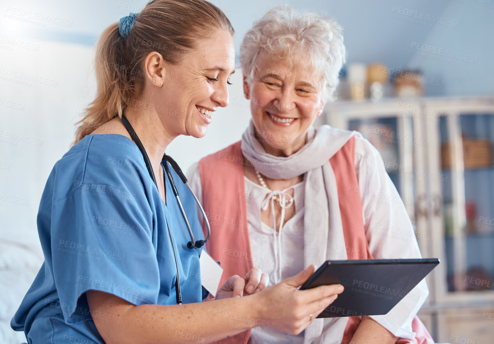 Buy stock photo Nursing home, senior patient and nurse with tablet, medical exam results or digital report of stethoscope heart test. Medical support, communication and happy old woman consulting healthcare worker