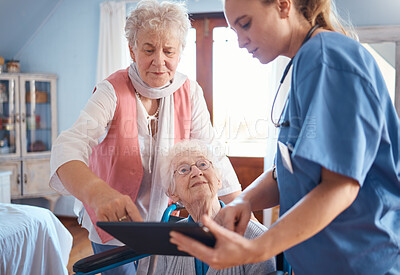 Buy stock photo Senior woman, friend and nurse with tablet, learning and help with digital technology in retirement house. Elderly women, healthcare expert or nursing worker helping with technology at old age home