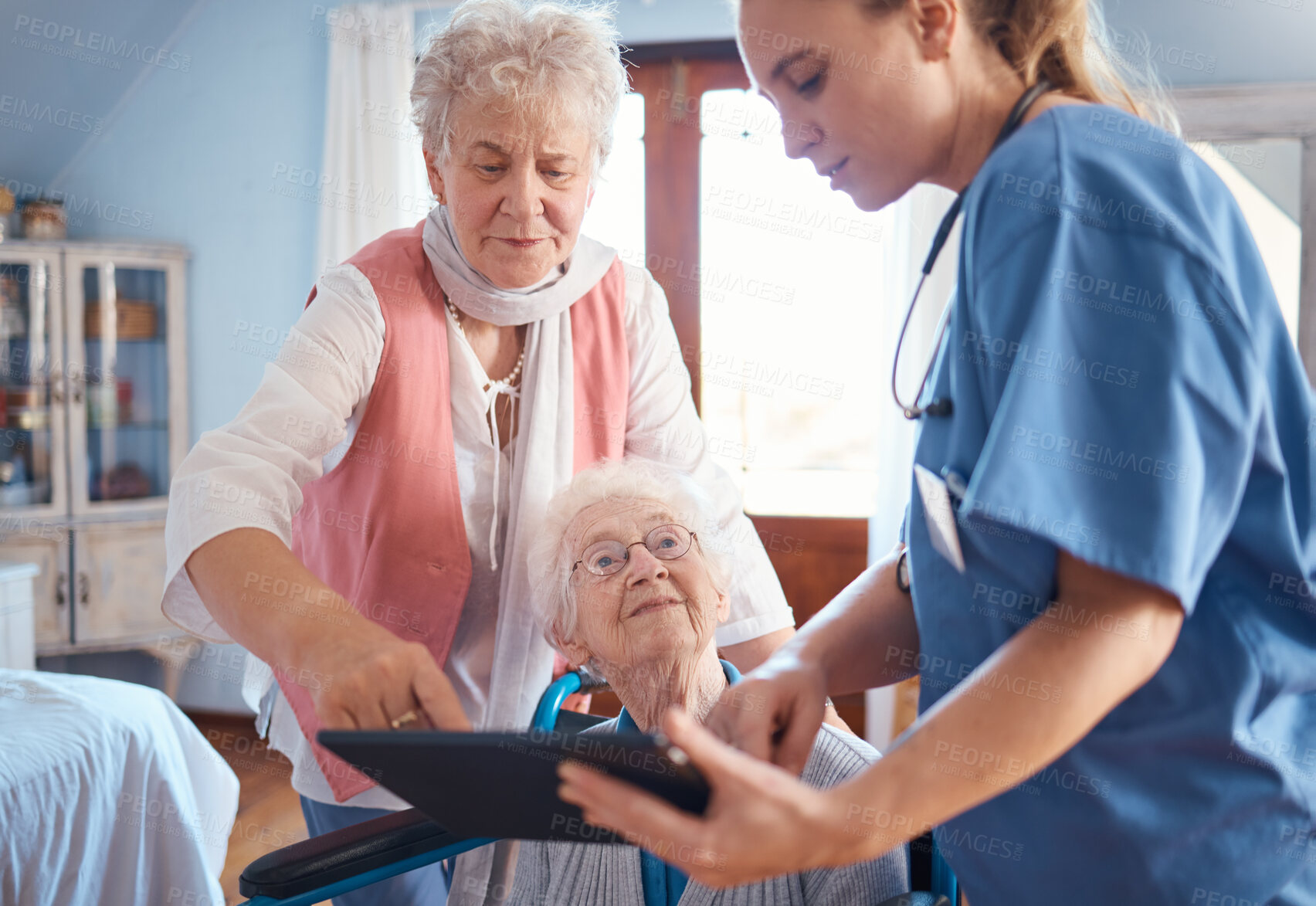 Buy stock photo Senior woman, friend and nurse with tablet, learning and help with digital technology in retirement house. Elderly women, healthcare expert or nursing worker helping with technology at old age home