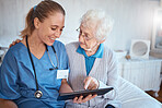 Tablet, nurse or doctor consulting an old woman in a nursing home bedroom with blood pressure and heart test results. Smile, trust and happy healthcare worker with a senior persons medical report