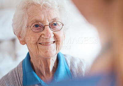 Buy stock photo Senior woman, optician and vision glasses in eye care exam, glaucoma wellness check or medical insurance routine. Smile, happy or retirement elderly with optometrist for healthcare prescription frame