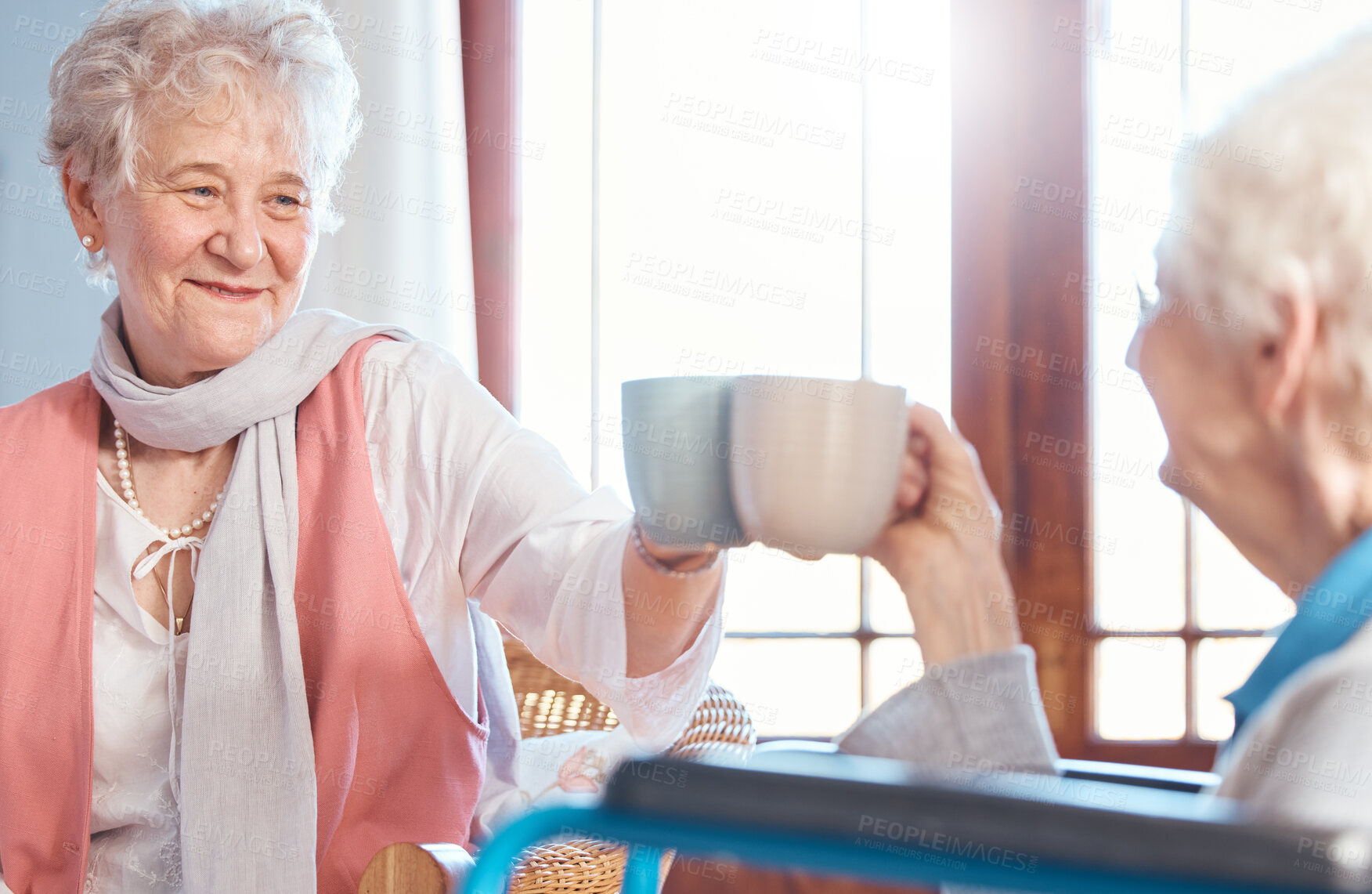 Buy stock photo Elderly women, friends and drink tea with friend together in nursing home, rehabilitation center and retirement home. Senior friendship cheers, drinking hot beverage and happy smile on old woman face